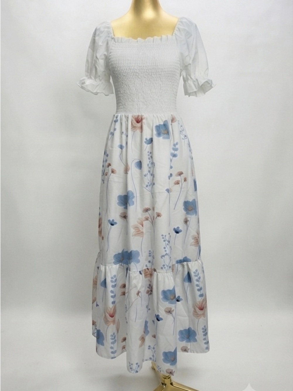White Puff Sleeve Smocked Maxi Dress with Blue & Blush Floral Print - Picture 2 of 3